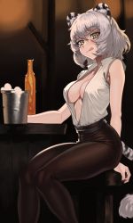 Rule 34 | 1girl, absurdres, alcohol, animal ears, bar stool, beer, beer mug, belt, black belt, black pants, bottle, breasts, character request, cleavage, collarbone, commentary request, copyright request, cup, feet out of frame, gemi ningen, high-waist pants, highres, holding, holding cup, indoors, korean commentary, leopard ears, leopard tail, looking at viewer, medium breasts, mug, open clothes, open shirt, pants, shirt, shirt tucked in, short hair, silver hair, sitting, sleeveless, sleeveless shirt, solo, stool, table, tail, tongue, tongue out, white shirt, yellow eyes