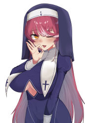 Rule 34 | 1girl, absurdres, black dress, black headwear, blush, breast curtains, breasts, cleavage, cleavage cutout, clothing cutout, dress, fang, fellatio gesture, habit, highres, hololive, houshou marine, houshou marine (nun), knbd, large breasts, long hair, looking at viewer, multicolored hair, nail polish, nun, one eye closed, open mouth, pink hair, red hair, red nails, solo, streaked hair, swept bangs, tongue, tongue out, virtual youtuber, yellow eyes