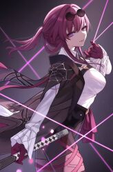Rule 34 | 1girl, black background, black jacket, black pants, breasts, chest strap, collared shirt, commentary request, eyewear on head, gradient background, high-waist pants, highres, holding, holding sword, holding weapon, honkai: star rail, honkai (series), jacket, jacket on shoulders, kafka (honkai: star rail), large breasts, light particles, lips, looking at viewer, pants, parted lips, ponytail, purple eyes, purple hair, shirt, smile, solo, sunglasses, sword, toramaru (toramal9831), weapon, white shirt