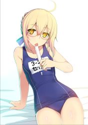 Rule 34 | 1girl, ahoge, arm support, artoria pendragon (fate), blonde hair, blue one-piece swimsuit, braid, braided bun, breasts, fate/grand order, fate (series), food, hair bun, looking at viewer, mysterious heroine x alter (fate), name tag, namonashi, one-piece swimsuit, open mouth, popsicle, reclining, ringed eyes, school swimsuit, small breasts, solo, swimsuit, tongue, tongue out, white background, yellow eyes