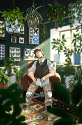 Rule 34 | 1boy, alternate universe, black hair, black vest, blue butterfly, blurry, blurry background, boku no hero academia, book, book on lap, book stack, bug, butterfly, buttons, carpet, chair, closed eyes, cross-laced footwear, flower pot, framed insect, hanging plant, head tilt, high collar, highres, holding, holding book, house, indoors, insect, insect collection, light, light particles, light rays, male focus, naenokyuuri (truchmobis), office chair, official alternate costume, on chair, open book, outstretched legs, parted lips, perspective, pinstripe legwear, pinstripe pattern, plant, potted plant, rope, sero hanta, shadow, shoe soles, short hair, sitting, sleeping, sleeping upright, solo, striped, sunbeam, sunlight, swivel chair, toggles, too many, too many butterflies, vest, vines, white rope, window, window shadow, yellow footwear
