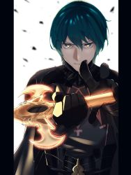 Rule 34 | 1boy, armor, byleth (fire emblem), byleth (male) (fire emblem), cape, closed mouth, dagger, fire emblem, fire emblem: three houses, gloves, glowing, glowing weapon, green eyes, green hair, heroes relic (fire emblem), highres, holding, holding sword, holding weapon, knife, medium hair, nintendo, sheath, simple background, solo, sword, sword of the creator, tpicm, upper body, weapon, white background