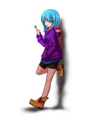 Rule 34 | 1girl, :p, ;p, alternate costume, ankle boots, bad id, bad pixiv id, badge, bike shorts, blue hair, blush, boots, button badge, candy, contemporary, food, hands in pockets, heterochromia, highres, hood, hoodie, leaning, lollipop, long sleeves, one eye closed, pantyhose, red eyes, scarf, shadow, short hair, solo, sumiya nadateru, tatara kogasa, tongue, tongue out, touhou