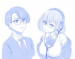 Rule 34 | 10s, 1boy, 1girl, ;), blue theme, bow, closed mouth, denkou choujin gridman, glasses, gridman universe, headphones, highres, looking at another, looking at viewer, monochrome, off shoulder, one eye closed, school uniform, shinjou akane, simple background, sketch, smile, ssss.gridman, toudou takeshi, trait connection, upper body, viperxtr, white background