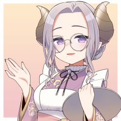 Rule 34 | 1girl, absurdres, apron, black ribbon, blush, braid, braided bun, breasts, brown horns, commentary request, demon girl, demon horns, ear flower, fingernails, flower, glasses, grey nails, hair bun, highres, holding, holding tray, horns, ishimari, japanese clothes, kimono, long hair, long sleeves, looking at viewer, medium breasts, mole, mole under mouth, nail polish, nanashi inc., neck ribbon, open mouth, parted bangs, pointy ears, purple brooch, purple hair, purple kimono, ribbon, round eyewear, saionji mary, sidelocks, smile, solo, textless version, tray, upper body, virtual youtuber, white apron, white flower, wide sleeves, yellow-framed eyewear