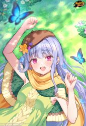 Rule 34 | 1girl, :d, absurdres, beret, blue flower, blunt bangs, brown hat, bug, butterfly, capelet, commentary, dress, english commentary, flower, grass, green capelet, green dress, hair flower, hair ornament, hat, highres, insect, light purple hair, logo, long hair, lying, mahjong soul, mikeneko mari, official art, official wallpaper, on back, open mouth, orange flower, orange scarf, outdoors, pink eyes, scarf, smile, solo, takanashi hinata