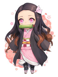 Rule 34 | 1girl, bit gag, black hair, brown hair, chibi, colored tips, commentary request, forehead, full body, gag, gagged, hair ribbon, highres, japanese clothes, kamado nezuko, kimetsu no yaiba, kimono, long hair, long sleeves, looking at viewer, mouth hold, multicolored hair, obi, obiage, obijime, pink eyes, pink kimono, pink ribbon, ribbon, sash, sleeves past wrists, solo, very long hair, white background, y.i. (lave2217)