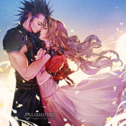 Rule 34 | 1boy, 1girl, aerith gainsborough, armor, artist name, black hair, brown hair, closed mouth, couple, dress, final fantasy, final fantasy vii, final fantasy vii remake, gloves, hand on another&#039;s shoulder, ilabarattolo, jacket, long hair, petals, pink dress, red jacket, shoulder armor, sleeveless, sleeveless turtleneck, spiked hair, square enix, suspenders, turtleneck, wind, zack fair