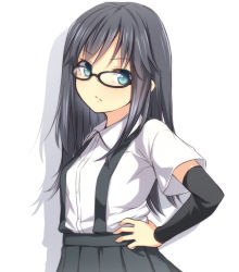 Rule 34 | 10s, 1girl, arm warmers, asashio (kancolle), bespectacled, black hair, blouse, blue eyes, closed mouth, glasses, grey skirt, hand on own hip, kantai collection, long hair, looking at viewer, pleated skirt, shirt, short sleeves, skirt, solo, suspenders, tori (minamopa), white background