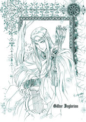 Rule 34 | 1boy, arrow (projectile), blue theme, cape, circlet, closed mouth, elf, gildor, harp, highres, holding, holding instrument, instrument, kazuki-mendou, tolkien&#039;s legendarium, long hair, looking at viewer, male focus, monochrome, pointy ears, robe, signature, sitting, smile, solo, the lord of the rings