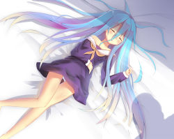 Rule 34 | 10s, 1girl, bed, blue hair, closed eyes, collarbone, gradient hair, long hair, lying, multicolored hair, no game no life, panties, pantyshot, parted lips, ryu narb, school uniform, serafuku, shiro (no game no life), silhouette, sleeping, solo, striped clothes, striped panties, underwear