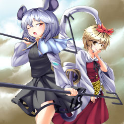 Rule 34 | 2girls, animal ears, animal print, asa (ces6ces8), basket, capelet, cloud, cloudy sky, dowsing rod, dress, grey hair, hagoromo, hair ornament, hand on own cheek, hand on own face, jewelry, long sleeves, looking at viewer, mouse (animal), mouse ears, mouse tail, multicolored hair, multiple girls, nazrin, one eye closed, open mouth, pendant, red eyes, shawl, short hair, skirt, skirt set, sky, tail, tiger print, toramaru shou, touhou, two-tone hair, yellow eyes