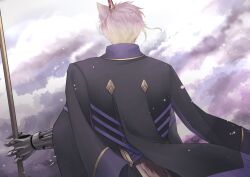 Rule 34 | 1boy, cloud, from behind, highres, long sleeves, male focus, outdoors, pixiv fantasia, pixiv fantasia scepter of zeraldia, prosthesis, prosthetic arm, sio racco, solo, standing, white hair, yazi (pfsoz)