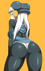 Rule 34 | 1girl, aqua eyes, arched back, ass, back, black pantyhose, blue nails, blush, bodysuit, bodysuit under clothes, clothes lift, colored eyelashes, dress, dress lift, electro emilia, embarrassed, fingernails over gloves, from behind, halterneck, hat, headgear, hime cut, hip focus, huge ass, ken (koala), latex, long hair, looking back, microdress, nail polish, neon trim, orange background, original, panties, panties over pantyhose, pantyhose, short dress, shy, simple background, sleeveless, thighs, underwear, very long hair, wedgie, white hair