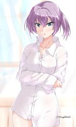 Rule 34 | 1girl, blush, bottomless, commentary request, crossed arms, dress shirt, frown, groin, kantai collection, long hair, looking at viewer, mikage takashi, open mouth, pink hair, ponytail, shiranui (kancolle), shirt, solo