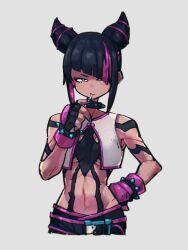 Rule 34 | 1girl, black hair, breasts, candy, collar, food, grey background, hair horns, han juri, holding, holding candy, holding food, holding lollipop, kemachiku, lollipop, looking at viewer, medium breasts, multicolored hair, purple hair, short hair, simple background, solo, spiked collar, spikes, street fighter, street fighter 6, two-tone hair, underboob
