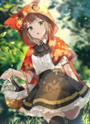 Rule 34 | 1girl, :o, arm at side, ascot, bad id, bad pixiv id, basket, black ascot, black skirt, black thighhighs, blurry, blurry background, bottle, brown hair, button eyes, buttons, cape, center frills, cowboy shot, day, depth charge, flower, forest, frilled skirt, frills, glint, green eyes, hair ornament, hairclip, highres, hood, hood up, hooded cape, leaf, little red riding hood, little red riding hood (grimm), looking at viewer, nature, open mouth, original, outdoors, red cape, revision, shirt, short hair, short sleeves, skirt, solo, sunlight, thighhighs, white flower, white shirt, wine bottle, x hair ornament, yuhi (hssh 6), zettai ryouiki
