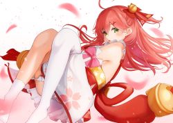 Rule 34 | 1girl, absurdres, ahoge, blush, cherry blossom print, chestnut mouth, floral print, green eyes, hair ornament, hairclip, highres, hololive, long hair, looking at viewer, nyan (reinyan 007), paw print, paw print pattern, petals, pink hair, sakura miko, sakura miko (1st costume), single thighhigh, solo, thighhighs, virtual youtuber, white background, white thighhighs, x hair ornament