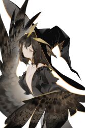 Rule 34 | 1girl, absurdres, animal ears, antennae, arm up, bare shoulders, bird girl, black hair, black hat, black shirt, breasts, brown hair, brown wings, choker, cowboy shot, ears through headwear, feathered wings, frills, from side, hat, highres, indai (3330425), large hat, long sleeves, medium breasts, monocle, off shoulder, orange eyes, original, owl girl, shirt, short hair, simple background, solo, white background, winged arms, wings, witch hat, yellow eyes