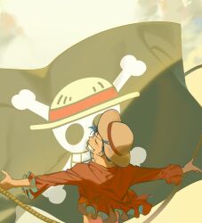 Rule 34 | 1boy, ^ ^, arms up, back, bad id, bad twitter id, closed eyes, cloud, flag, hat, highres, male focus, mio (madman1510), monkey d. luffy, one piece, red shirt, scar, scar on face, shirt, short hair, sky, smile, solo, straw hat, upper body