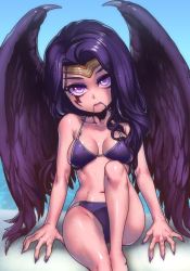 Rule 34 | 1girl, bikini, breasts, league of legends, morgana (league of legends), purple eyes, purple hair, swimsuit, wings