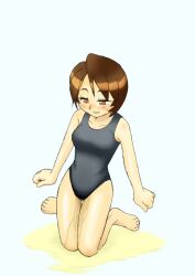 1girl barefoot black_one-piece_swimsuit black_school_swimsuit blush breasts brown_eyes brown_hair collarbone kneeling looking_down mi_(pixiv209489) one-piece_swimsuit open_mouth peeing peeing_self puddle purposeful_wetting school_swimsuit short_hair small_breasts smile sweat swimsuit white_background