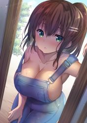Rule 34 | 1girl, blush, breasts, character request, cleavage, copyright request, day, green eyes, hair ornament, hairclip, highres, large breasts, leaning forward, looking at viewer, naked overalls, no bra, open mouth, original, overalls, ponytail, sanshoku amido, solo, sweat, tree