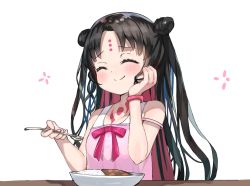 Rule 34 | 1girl, aged down, bare arms, bare shoulders, black hair, blush, closed eyes, closed mouth, collarbone, commentary request, cone hair bun, curry, curry rice, double bun, facial mark, facing viewer, fate/grand order, fate (series), food, forehead mark, hair bun, hand on own cheek, hand on own face, hands up, highres, long hair, looking at viewer, parted bangs, plate, ranf, ribbon, rice, sessyoin kiara, sessyoin kiara (lily), simple background, smile, solo, swimsuit, two side up, upper body, white background