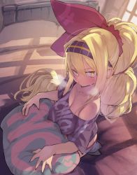 Rule 34 | 1girl, amunero (kyouka jinrui amunero), bare shoulders, bed, blonde hair, blouse, blush, breasts, breath, cleavage, closed eyes, clothes writing, covered erect nipples, hair between eyes, hair ornament, hair scrunchie, highres, hyocorou, indoors, kyouka jinrui amunero, lactation, lactation through clothes, large breasts, long hair, looking at viewer, no, off-shoulder shirt, off shoulder, original, pillow, ponytail, purple shirt, scrunchie, shirt, sitting, solo, sweat, very long hair, yellow eyes, yes-no pillow