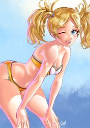 Rule 34 | 1girl, absurdres, alternate costume, ass, bare arms, bare legs, bare shoulders, bikini, blonde hair, blue eyes, blush, breasts, cleavage, fire emblem, fire emblem awakening, hands on own knees, highres, jackary, lissa (fire emblem), long hair, looking at viewer, nintendo, one eye closed, open mouth, seductive smile, simple background, smile, solo, stomach, strapless, strapless bikini, swimsuit, thighs, twintails, wink, yellow bikini