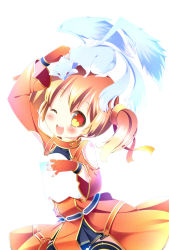 Rule 34 | 10s, 1girl, ;d, animal, animal on head, arm up, blush, brown hair, dragon, fingerless gloves, gloves, highres, one eye closed, open mouth, orange eyes, pina (sao), short twintails, silica, smile, sword art online, twintails, white background, wink, zefa (neoaltemice)