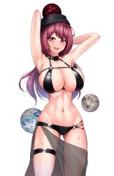 Rule 34 | 1girl, :d, absurdres, armpits, arms behind head, arms up, bikini, black bikini, black choker, black headwear, blush, breasts, choker, commentary, earth (ornament), hecatia lapislazuli, highres, large breasts, leo23, long hair, looking at viewer, lowleg, lowleg bikini, moon (ornament), navel, o-ring, o-ring bikini, open mouth, presenting armpit, red eyes, red hair, see-through, simple background, smile, solo, swimsuit, thigh strap, touhou, underworld (ornament), white background