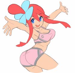 Rule 34 | 10s, 1girl, :d, \o/, arched back, arms up, ass, blue eyes, bra, breasts, creatures (company), game freak, gym leader, hair ornament, large breasts, long hair, looking at viewer, nintendo, one side up, open mouth, outstretched arm, outstretched arms, outstretched hand, panties, pink bra, pink panties, poke ball, poke ball symbol, pokemon, pokemon bw, red hair, saitou naoki, simple background, sketch, skyla (pokemon), smile, solo, sports bra, underwear, underwear only, white background