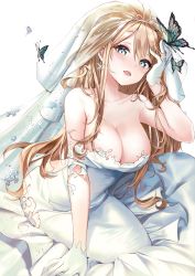 Rule 34 | 1girl, :d, absurdres, arm support, backless dress, backless outfit, bare shoulders, blonde hair, blue eyes, blush, breasts, bridal veil, bride, bug, buri (retty9349), butterfly, cleavage, dress, earrings, elbow gloves, girls&#039; frontline, gloves, hair between eyes, hand on own head, highres, huge filesize, insect, jewelry, large breasts, long hair, looking at viewer, official alternate costume, open mouth, sitting, smile, snowflake earrings, solo, strapless, strapless dress, suomi (blissful mission) (girls&#039; frontline), suomi (girls&#039; frontline), tareme, veil, wedding dress, white dress