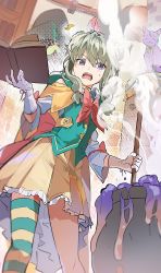 Rule 34 | 1girl, :3, ^^^, animalization, book, bow, bowtie, buttons, cape, cauldron, closed eyes, closed mouth, double bun, frilled skirt, frills, from below, gloves, green hair, green vest, hair bun, hair ornament, highres, holding, holding book, iwatnc, kamishiro rui, kusanagi nene, laboratory, long hair, long sleeves, low-tied long hair, open book, open mouth, pink bow, pink bowtie, pleated skirt, project sekai, purple cat, purple eyes, shirt, single thighhigh, skirt, smoke, solo focus, stirring, striped clothes, striped thighhighs, surprised, sweat, thighhighs, unworn hair ornament, vest, white gloves, white shirt, yellow cape, yellow skirt