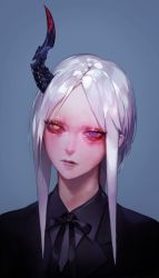 Rule 34 | androgynous, black suit, blue background, gender request, heterochromia, horns, long hair, looking at viewer, ohayosayonara, original, portrait, purple eyes, simple background, single horn, solo, suit, white hair, yellow eyes