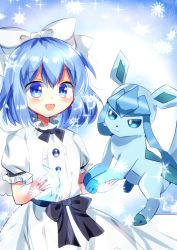 Rule 34 | 1girl, :d, absurdres, blue eyes, blue hair, bow, chisen maimai, creatures (company), dress, game freak, gen 4 pokemon, glaceon, hair bow, highres, looking at viewer, mai (touhou), nintendo, open mouth, pokemon, pokemon (creature), short hair, short sleeves, smile, snowflakes, touhou, touhou (pc-98), white bow, white dress