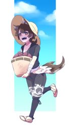 Rule 34 | 20day cc, :o, animal ears, basket, blue sky, brown eyes, brown hair, character request, day, dog ears, dog tail, hat, holding, holding basket, male focus, medium hair, outdoors, running, sandals, sky, sun hat