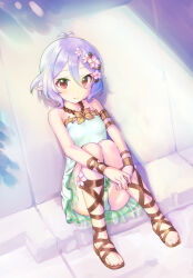Rule 34 | 1girl, antenna hair, armlet, bare shoulders, blush, breasts, casual one-piece swimsuit, day, elf, flower, full body, gladiator sandals, green one-piece swimsuit, grey hair, hair between eyes, hair flower, hair ornament, kawaseki, kokkoro (princess connect!), kokkoro (summer) (princess connect!), looking at viewer, one-piece swimsuit, outdoors, own hands together, pink flower, pointy ears, princess connect!, red eyes, sandals, short hair, sitting, sleeveless, small breasts, smile, solo, sunlight, swimsuit, swimsuit skirt, toes, wrist wrap