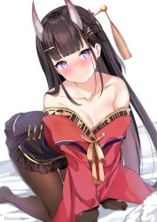 Rule 34 | 1girl, absurdres, all fours, azur lane, bare shoulders, black skirt, blush, breasts, brown hair, brown pantyhose, cleavage, collarbone, gloves, hair ornament, hairclip, hairpin, highres, horns, japanese clothes, kaetzchen, kimono, long hair, long sleeves, looking at viewer, medium breasts, noshiro (azur lane), noshiro (uncharted festival grounds?) (azur lane), off shoulder, oni horns, open mouth, pantyhose, purple eyes, red kimono, simple background, skirt, solo, straight hair, thighs, white background, wide sleeves