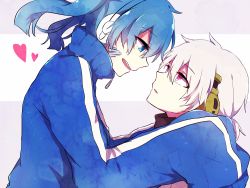 Rule 34 | 1boy, 1girl, blue eyes, blue hair, ene (kagerou project), eye contact, headphones, kagerou project, konoha (kagerou project), long hair, looking at another, ponytail, purple eyes, ringomaru, silver hair, sleeves past wrists, twintails