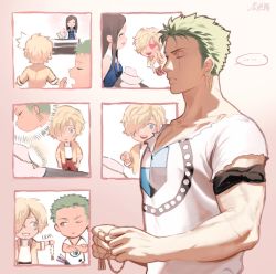 Rule 34 | 1girl, 2boys, bandana, biceps, blonde hair, borrowed clothes, chibi, collared shirt, curly eyebrows, facial hair, goatee, green hair, hair over one eye, heart, heart-shaped pupils, highres, jewelry, kotomine (a1569), loose necktie, male focus, multiple boys, muscular, muscular male, necklace, necktie, nico robin, one piece, pectoral cleavage, pectorals, roronoa zoro, sanji (one piece), scar, scar across eye, shirt, short hair, symbol-shaped pupils, torn clothes, torn shirt, yawning