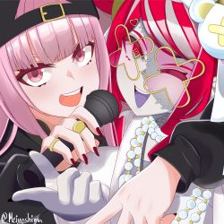 Rule 34 | 2girls, absurdres, arm around shoulder, backwards hat, baseball cap, black nails, diamond-shaped pupils, diamond (shape), green eyes, hat, highres, holding, holding microphone, hololive, hololive english, hololive indonesia, kureiji ollie, long hair, meiyoshima, microphone, mori calliope, multicolored hair, multiple girls, nail polish, one eye closed, open mouth, patchwork skin, pink eyes, pink hair, red hair, red nails, smile, sunglasses, symbol-shaped pupils, two-tone hair, virtual youtuber, white hair, wink, x-shaped eyewear, zombie, zombie girl