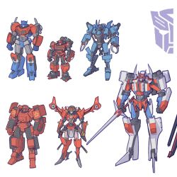 Rule 34 | 1girl, 5boys, autobot, blue eyes, claws, clenched hand, cliffjumper, commentary, english commentary, holding, holding sword, holding weapon, horns, insignia, kamitoge supino, mecha, multiple boys, one-eyed, optimus prime, redesign, robot, standing, star saber (transformers), sword, transformers, transformers victory, warpath (transformers), weapon, whirl (transformers), windblade, yellow eyes