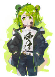 Rule 34 | 1girl, ahoge, bear hair ornament, belt, belt buckle, black jacket, black pants, blush, braid, buckle, candy, closed mouth, clothes writing, cropped legs, double bun, food, food in mouth, green eyes, green hair, hair between eyes, hair bun, hair ornament, hands in pockets, jacket, lollipop, meito (maze), morinaka kazaki, mouth hold, nijisanji, open clothes, open jacket, pants, shirt, single braid, solo, translation request, two side up, v-shaped eyebrows, virtual youtuber, white belt, white shirt