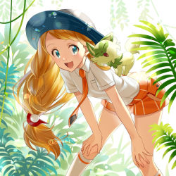 Rule 34 | 1girl, :d, bent over, blonde hair, blue eyes, blue headwear, collared shirt, commentary request, cosplay, creatures (company), eyelashes, game freak, hands on own knees, hat, highres, juliana (pokemon), juliana (pokemon) (cosplay), kanimaru, kneehighs, leaf, long hair, low-tied long hair, necktie, nintendo, open mouth, orange necktie, orange shorts, plant, pokemon, pokemon (anime), pokemon (creature), pokemon on back, pokemon sv, pokemon xy (anime), serena (pokemon), shirt, short sleeves, shorts, smile, socks, sprigatito, tongue, twitter username, vines, watermark, white shirt, white socks