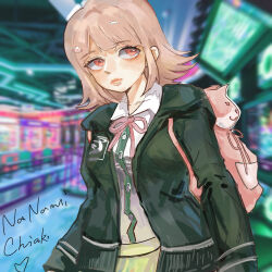 1girl animal_bag blush breasts brown_hair brown_skirt cat_bag collared_shirt danganronpa_(series) danganronpa_2:_goodbye_despair flipped_hair galaga hair_ornament highres hood jacket long_sleeves medium_hair nanami_chiaki neck_ribbon open_clothes open_jacket pink_bag pink_eyes pink_ribbon pleated_skirt ribbon shirt skirt solo two-tone_shirt white_shirt yuki_(user_nuyt7328)