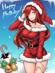 Rule 34 | 1girl, bell, belt, black nails, blue background, breasts, candy, candy cane, choker, christmas, cowboy shot, cross, cross necklace, dress, food, fur trim, hair over one eye, hand on head, hat, highres, jewelry, large breasts, nail polish, necklace, parasoul (skullgirls), parted lips, pow3776, red hair, santa dress, santa hat, skullgirls, smile, solo, yellow eyes