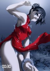 Rule 34 | 1girl, atelier wadatsumi, black eyes, black hair, blue eyes, bubble, chain, china dress, chinese clothes, cuffs, dress, female focus, handcuffs, highres, holding breath, original, panties, pantyshot, peril, red dress, scared, short hair, solo, source request, standing, underwater, underwear, water, white panties