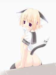 Rule 34 | 1girl, animal ears, ass, black thighhighs, blonde hair, blush, bottomless, cat ears, cat girl, cat tail, clothes lift, flat chest, from behind, hair ornament, hairclip, looking at viewer, looking back, mouth hold, no panties, purple eyes, school uniform, serafuku, shirt, shirt lift, short hair, short sleeves, sitting, solo, tail, tears, thighhighs, togami masaki, white background, white shirt